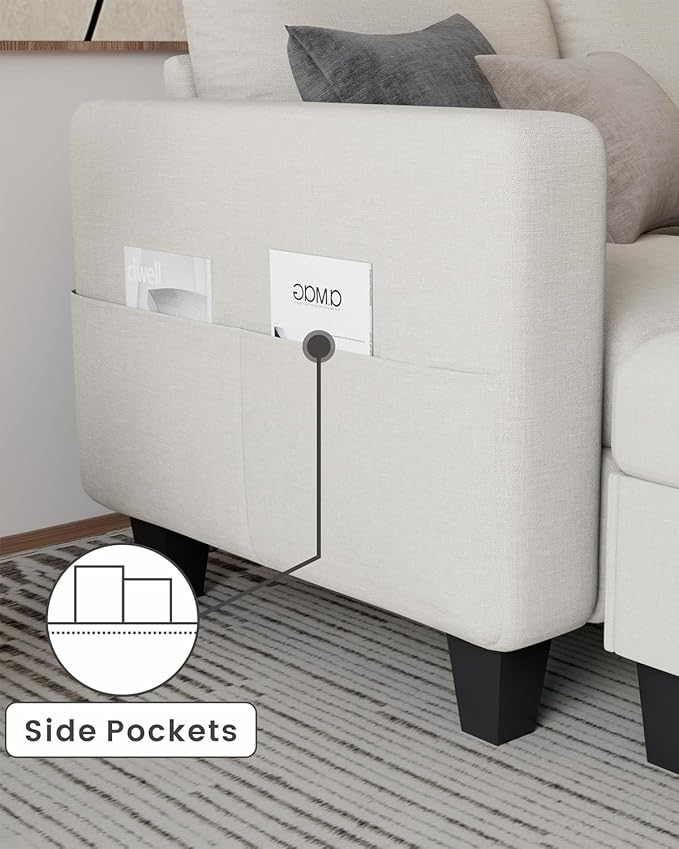 Sectional and Sofa Couches for Living Room, Linen 3-Seat L-Shaped Sofa with Storage Ottoman, Pet-Friendly Washable Fabric, Convertible Couches for Small Apartments, Bedroom, Office