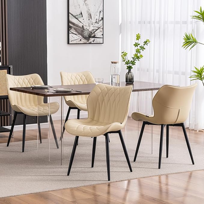 Kidol & Shellder Modern Dining Chairs Set of 2 Comfy Dining Room Chairs with Thick Cushions PU Leather Upholstered Kitchen Side Chairs with Metal Legs Beige