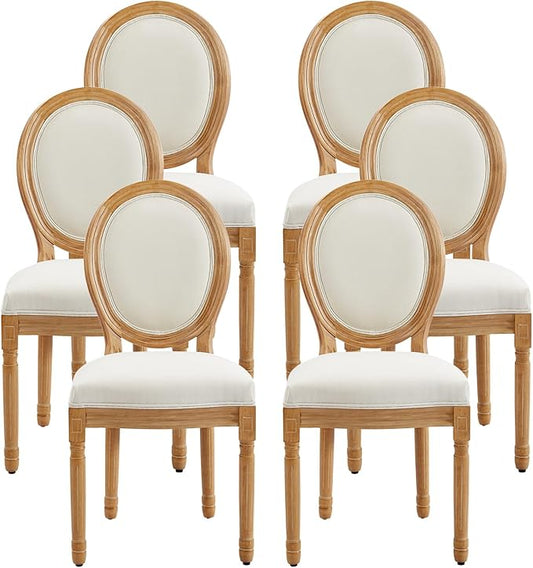 Nrizc French Dining Chairs Set of 6, French Country Dining Chair, Vintage Farmhouse Dining Chairs with Round Back, Solid Wood Beige Fabric Dining Room Chairs, for Kitchen, Bedroom, Dining Room