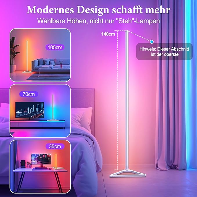 RGBIC Corner Lamp,16 Million Colors LED Floor Lamp,141 cm Lamps for Living Room with Music Sync,Standing Lamp with App and Remote Control,Gaming Ambient Lighting Corner Light Bedroom Decor