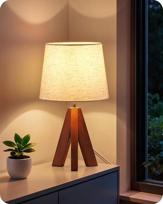 Small Tripod Table Lamp, Modern Nightstand Lamp with Fabric Shade, Boho Bedside Wood Desk Lamp for Bedroom, Kids Room, Living Room, Office, Study, Dark Wood and Beige, LE51TL05
