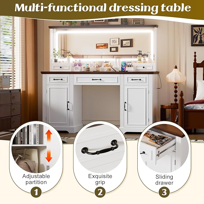 PAKASEPT 55.12" Large Makeup Vanity with LED Lights and 3 Light Modes, Vanity Set with 5 Drawers and Power Outlet, Vanity Desk for Women, Girls