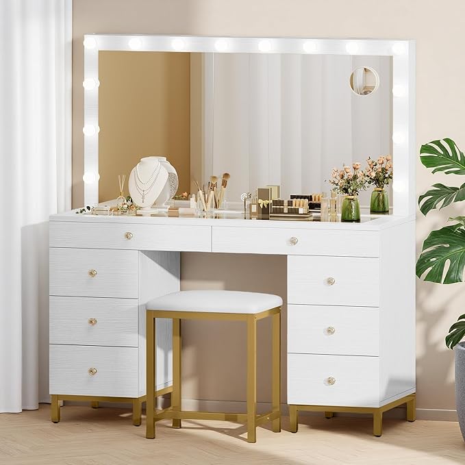 DWVO White Vanity Desk with Mirror: Makeup Table Set with 14 LED Lights & Charging Station Magnifying Mirror, 3 Light Modes, 8 Drawers and Storage Stool
