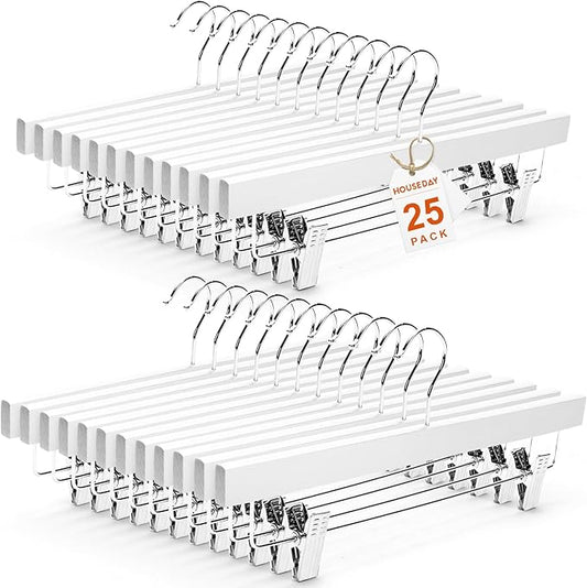 HOUSE DAY Premium Wooden Pants Hangers 25 Pack, Solid Lotus Wood Skirt Hangers with 2-Adjustable Clips, Heavy Duty & Anti Slip Wood Bottom Hanger for Slacks, Jeans, Trousers, Shorts (White)