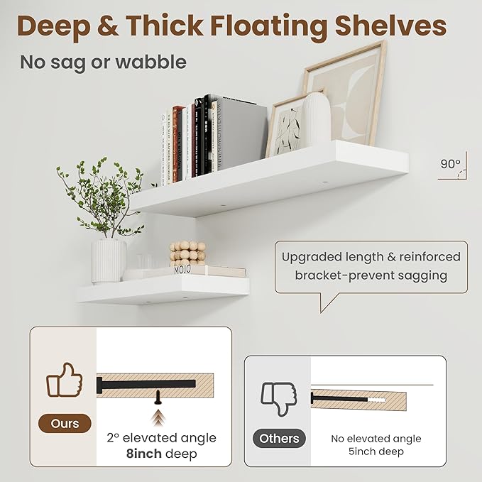 20 Inch Floating Shelves for Wall, 8 Inch Deep Floating Shelf for Storage & Display, Rustic Wall Mounted Shelf with Invisible Brackets for Living Room, Kitchen, Bathroom, Home Decor, Set of 2, White