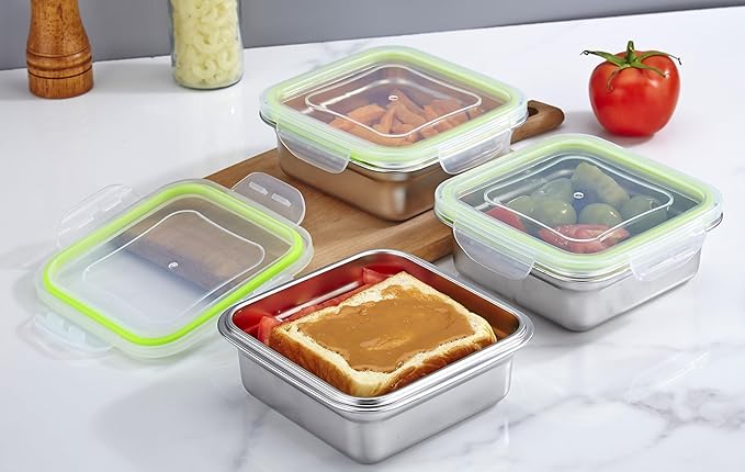 Set of 3 Stainless Steel Sandwich Containers - Food Grade Metal Base with a BPA Free Leakproof & Airtight Silicone Seal Lid. Great for Sandwiches, Snacks, Meal Prep & Food Storage