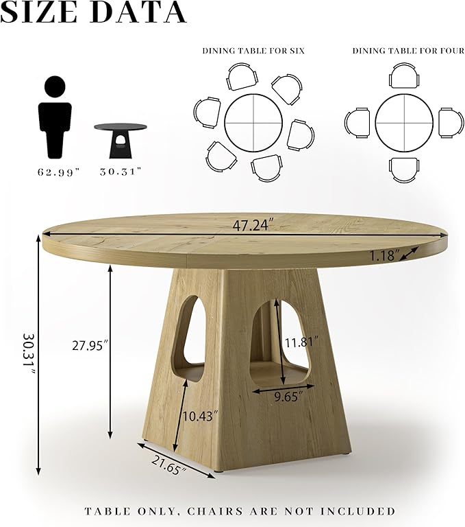Round Dining Table for 4, Farmhouse 47 Inch Wood Dinner Tables with Storage Base for Kitchen Dining Living Room 4-6 People Gathering, Natural