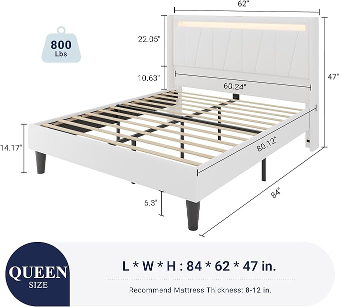 Allewie Queen Size LED Bed Frame with Charging Station, Velvet Upholstered Platform Bed with Geometric Wingback Headboard, Modern Frame with No Box Spring Needed, Easy Assembly, White