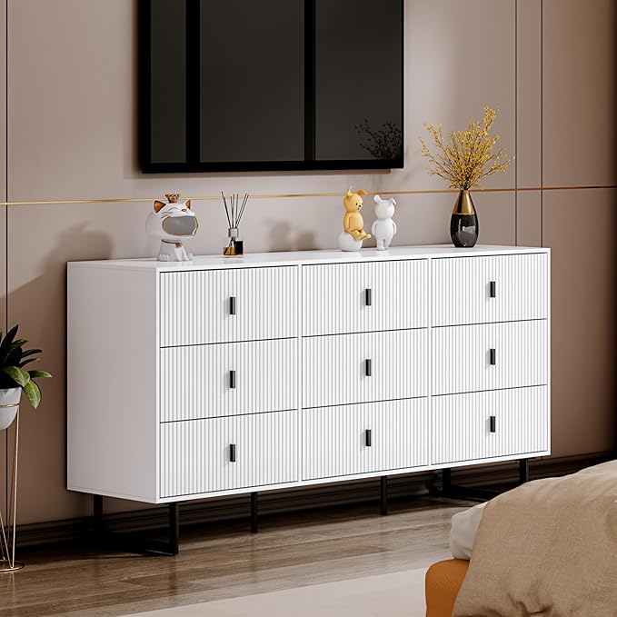 Modern Chest of Drawers with 9 Drawers,Deep Drawers,Clothes Organizer,Large Storage Cabinet for Living Room, Bedroom,Hallway,with Anti-Tipping Device, White