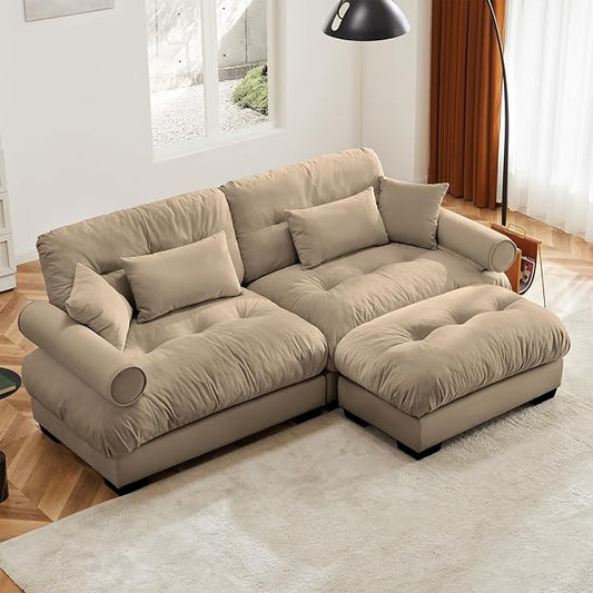 93.7" Loveseat Sofa, 2 Seater Modular Sectional Sofa, Camel Large L Shaped Sectional Couches for Living Room, Fluffy Couch, Love Seat, Velvet Cloud Couch with Ottoman, Deep Seat Sofas for Living Home