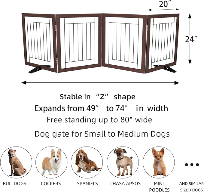 ZJSF Freestanding Dog Gate Indoor, Foldable Dog Fence for Doorways,Hallways or Stairs, Sturdy Wood Extra Wide Pet Gate with Support Feet,Brown,24 "Height-4 Panels