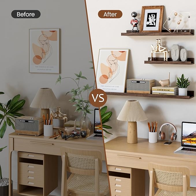 Heimlove Floating Shelves Set of 6, 16" Wall Mounted Picture Ledge, Display Shelf Organizer for Decor Storage, Wall Mounted Shelves for Living Room, Bedroom, Bathroom, Kitchen (Walnut)