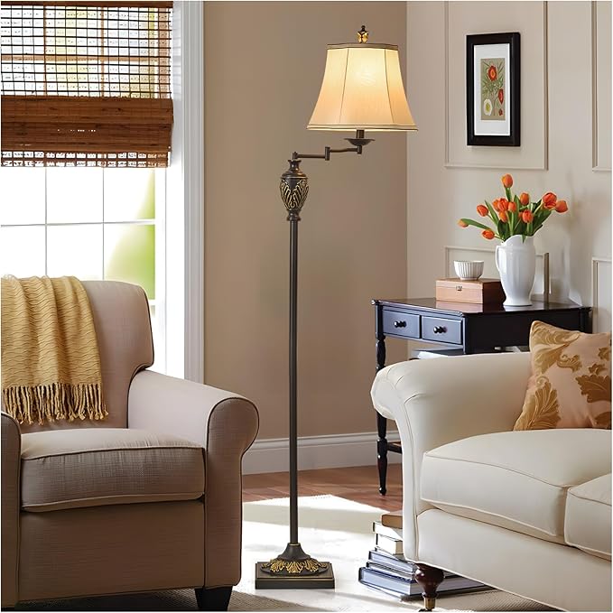 Traditional LED Floor Lamp with 350° Adjustable Swing Arm Lamp – Vintage Standing Pole lamp for Living Room, Bedroom and Office – Rustic Upright Floor Light for Home Décor with Silk Fabric Shade