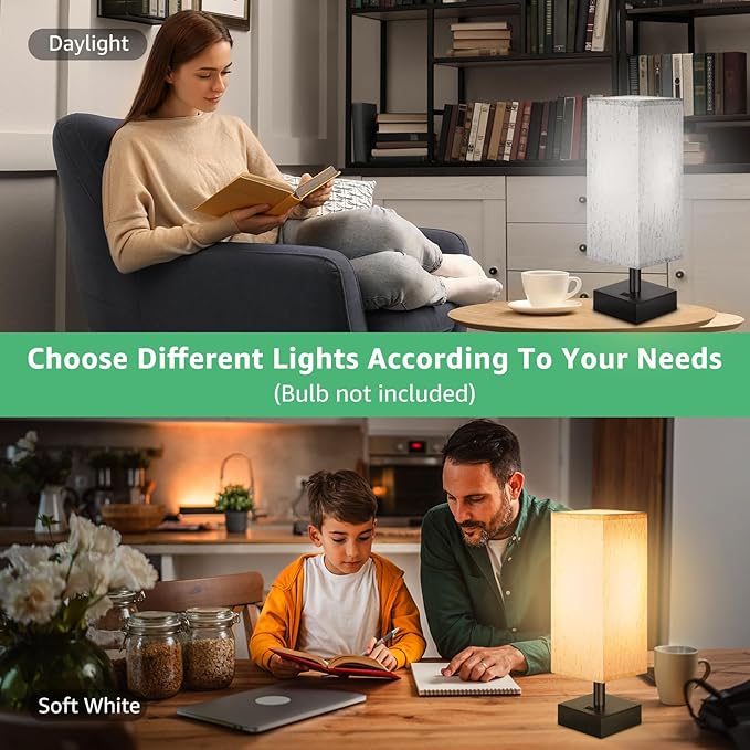 Small Bedside Lamp, Mini Minimalist Table Lamp with Square Flaxen Fabric Shade, 11 Inch Desk Reading Lamp for Bedroom, Living Room, Office, 2 Pack