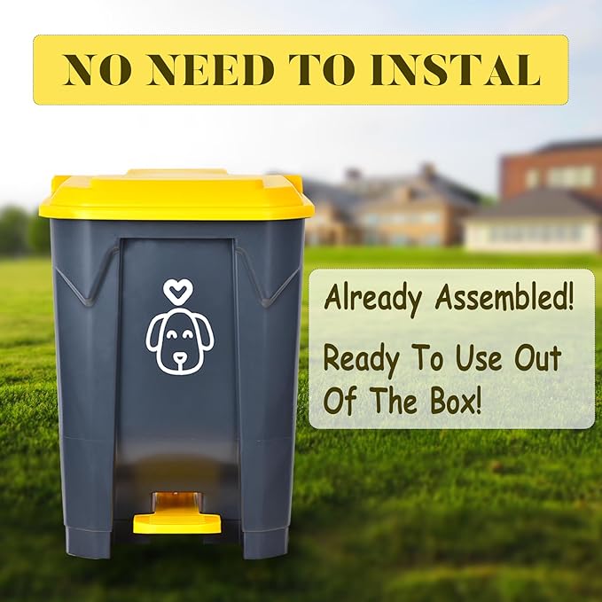 Outdoors Dog Poop Trash Can with Lid & 290PCS Waste Bags, Cute Dog Waste Trash Can for Yard, Home, Garden, Kitchen, 15 Litre Removable Inner Bin, Plastic Gray & Yellow