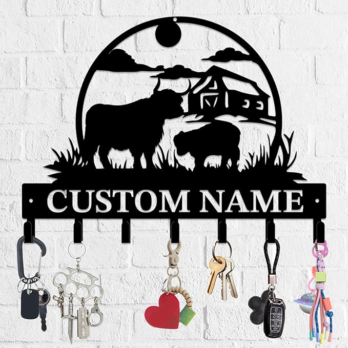 Personalized Highland Cow Metal Keys Hooks,Custom Name Metal Highland Cow Keys Hooks,Black Metal Highland Cow Wall Home Storage Decorative Keys Hooks,Key Holder Hooks for Wall (Style J)