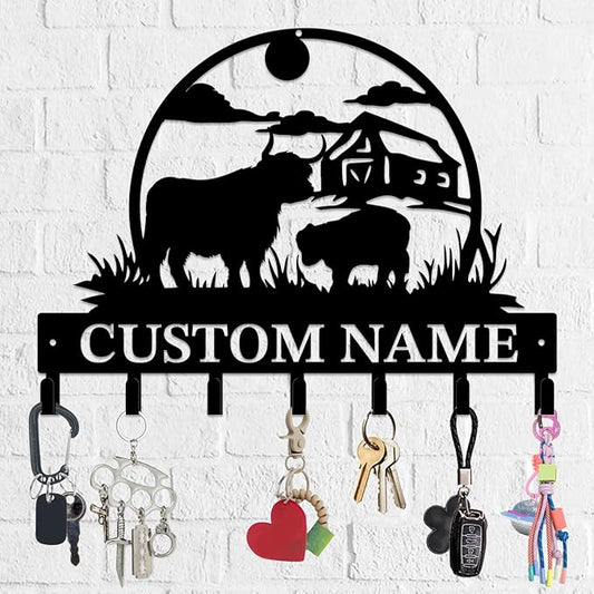 Personalized Highland Cow Metal Keys Hooks,Custom Name Metal Highland Cow Keys Hooks,Black Metal Highland Cow Wall Home Storage Decorative Keys Hooks,Key Holder Hooks for Wall (Style J)
