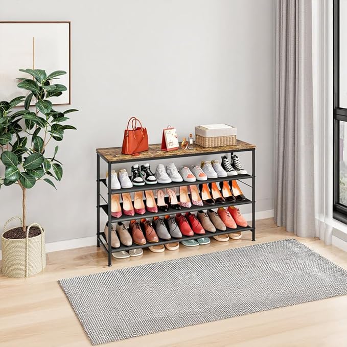 Shoe Rack Organizer 4 Tier Long Metal Organizer Shelf with Industrial MDF Board and Layer Fabric for Entryway Closet Bedroom Living Room Garage,Black & Rustic Brown