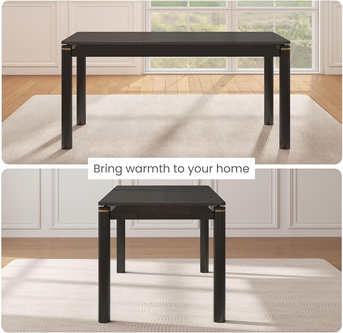 63" Dining Table for 4-6 People, Modern Farmhouse Rectangular Kitchen Table with Solid Wood Legs & Gold Trim, Large Long Dining Room Table for Living Room, Black (Table Only)