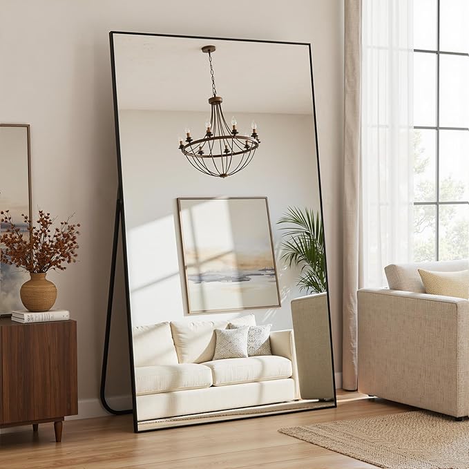 Full Length Mirror, 72"x44" Full Body Mirror, Floor Mirrors with Stand, Body Mirrors Standing Hanging Leaning Against Wall,Aluminum Frame Mirrors for Bedroom Cloakroom,Living Room,Black