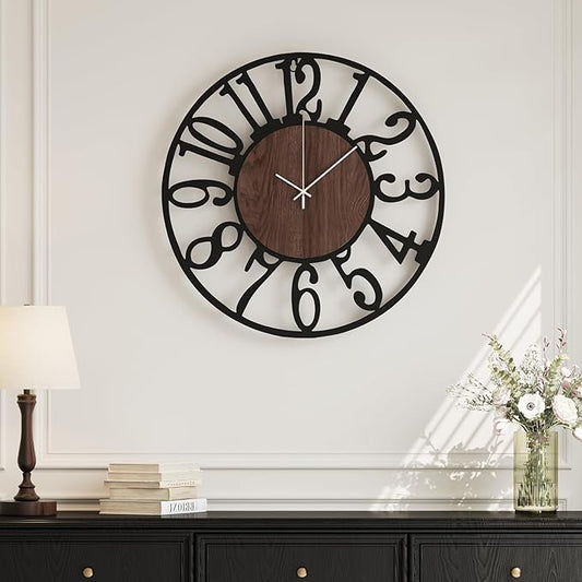 Modern Wall Clock Battery Operated, 16 inch Round Big Wood Decorative Metal Wall Clocks for Living Room, Non Ticking Silent Black Clock, Bedroom, Kitchen, Office Decor-Arabic Numerals