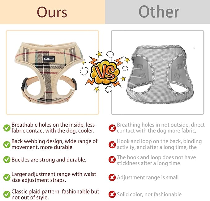 SCENEREAL Puppy Dog Harness with Leash Set for Small Medium Sized Dogs, Soft Mesh Step in Pet Harnesses and Leash, No Chock Plaid Adjustible No Pull Vest for Dogs Cats, Chihuahua,Bulldog (Beige S)