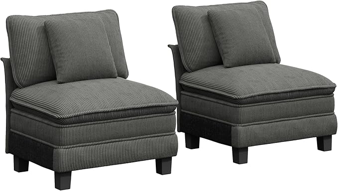 PHI VILLA Indoor Modular Sectional Couches Sets, 2-Piece Armless Sofa Set, 2-Seater Upholstered Couch for Living Room Small Spaces, Corduroy Fabric, Grey
