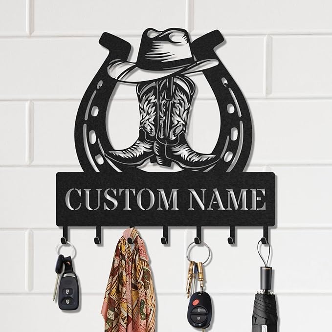 Personalized Key Holder for Wall, Custom Metal Cowboy Key Hooks with Name, Meta Jacket Holder Hooks Organizer Rack, Jacket Hanger Decor for Kitchen, Entryway, Hallway, Office, Doorway
