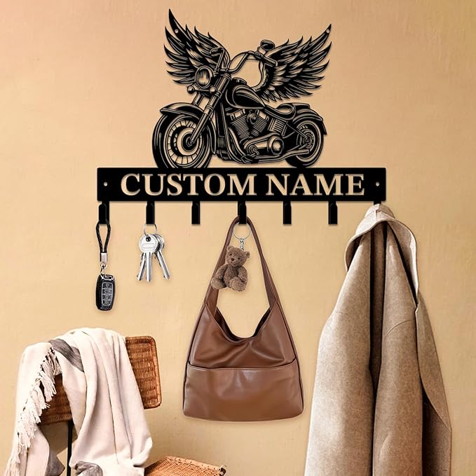 Personalized Custom Name Motorcycle Keys Hooks,Metal Motorcycle Art Clothes Keys Hooks,Metal Motorcycle Lover Wall Home Storage Decorative Keys Hooks,Key Holder Hooks for Wall (Style F)