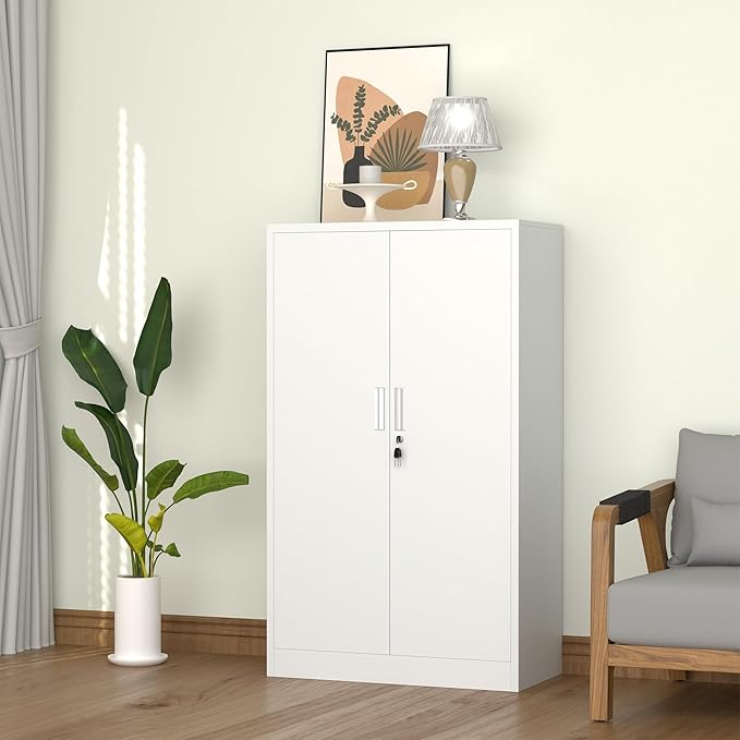 Metal Storage Cabinet with Locking Doors and Adjustable Shelves, 53.5-Inch Tall Lockable Storage Cabinets for Home Office Garage Kitchen Pantry (White)