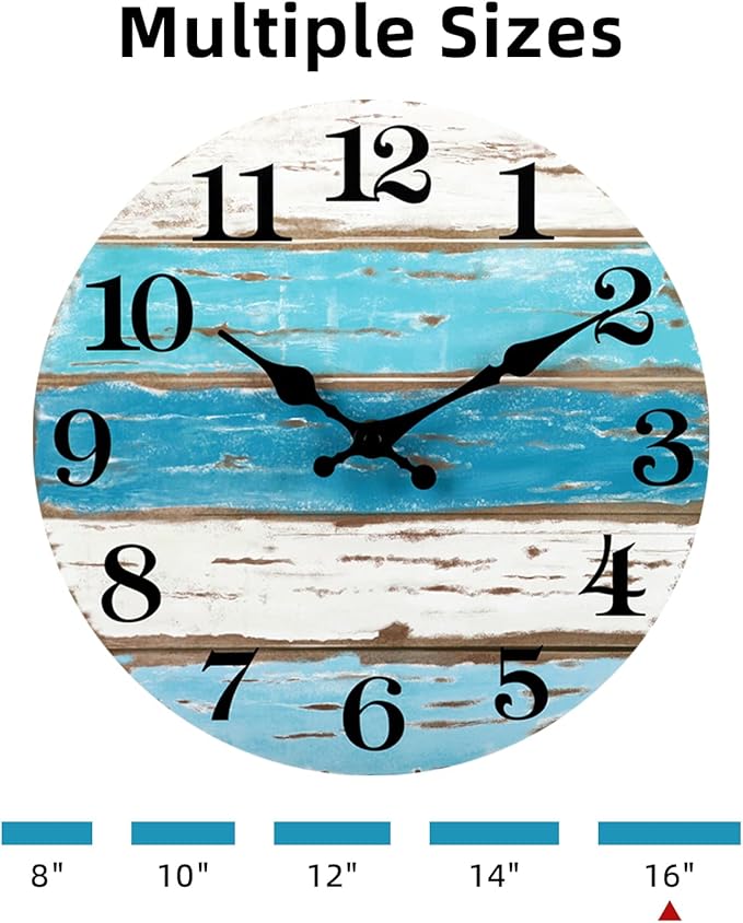 CHYLIN 16 Inch Wall Clock, Large Outdoor Clocks for Patio, Pool Beach House Decor Tropical Clocks for Walls, Nautical Coastal Themed Blue Clock for Lake House, Bathroom, Living Room, Kitchen (16")