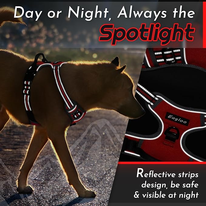 Eagloo Dog Harness Large Breed, No Pull Service Vest with Reflective Strips and Control Handle, Adjustable and Comfortable for Walking, No Choke Pet Harness with 2 Metal Rings, Red, XL