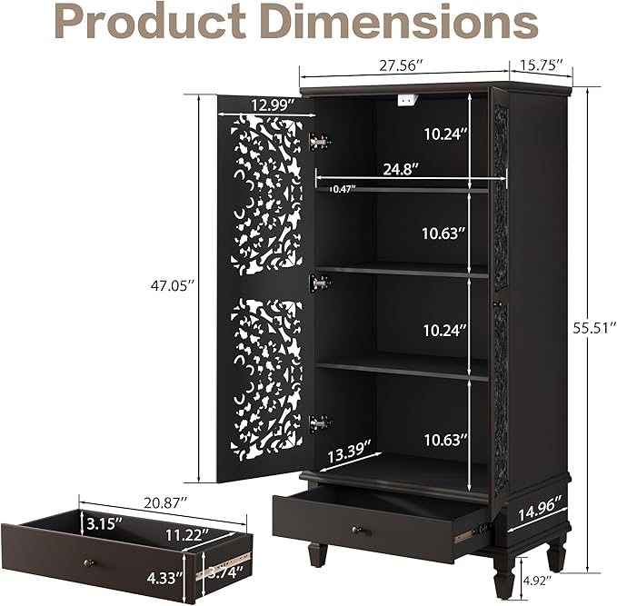 Rustic 55'' Tall Storage Cabinet with 2 Hollow-Carved Doors a Drawer, Wood Accent Cabinet with Solid Wood Legs for Living Room, Hallway, Dining Room (Black-T)