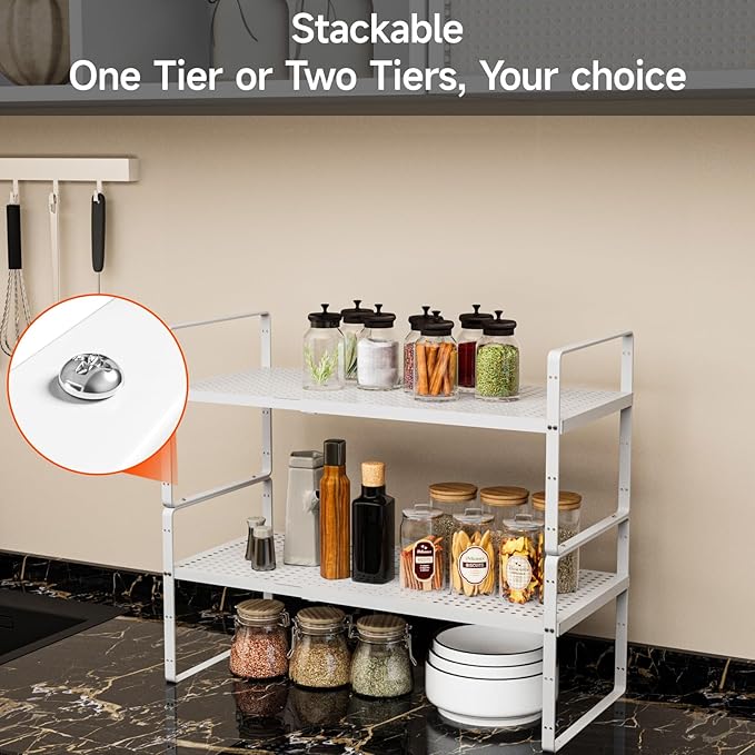 16.5-27’’L Expandable Stackable Cabinet Shelves, Adjustable Spice Rack Cabinet Shelf Organizer for Kitchen, Countertop, Pantry and Cupboard, White