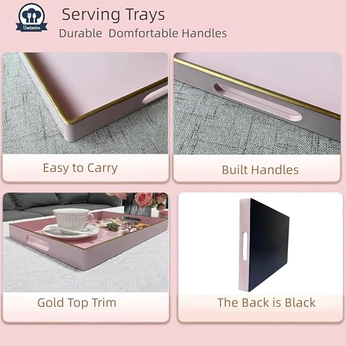 Pink Serving Tray with Handles, Rectangular Decorative Tray for Coffee Table, Plastic Ottoman Tray for Living Room, Bathroom, Kitchen Tabletop, 15.6”x 10.2”x1.37”
