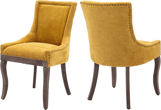 Farmhouse Dining Chairs Set of 2, Upholstered Fabric Dining Room Accent Chairs with Wood Legs & Bronze Nailhead, High Wingback Kitchen Chairs for Living Room Hotel Apartment, Golden Yellow