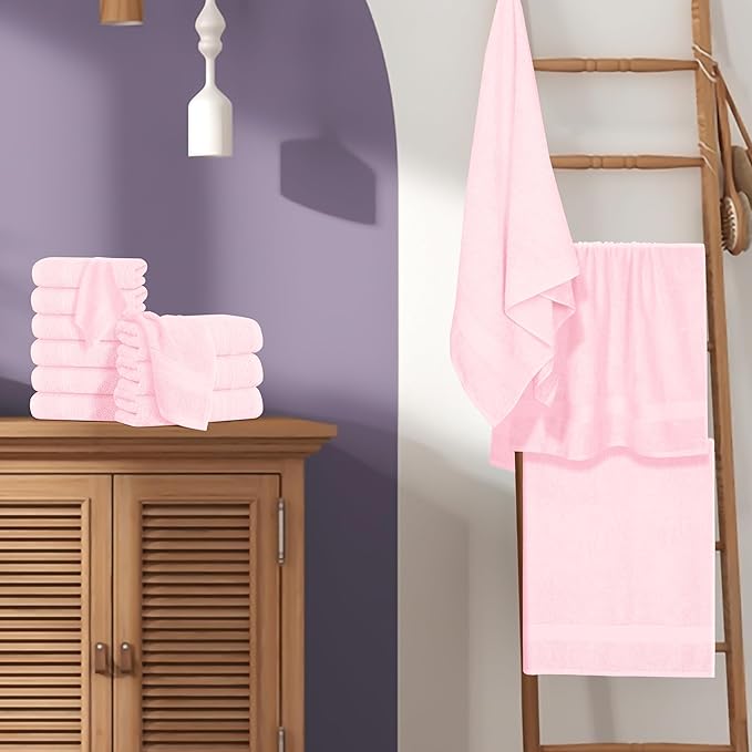 BOUTIQUO 24 Pack Cotton Towel Set, Contains 6 Bath Towels 27x54 inch, 6 Hand Towels 16x24 inch & 12 Wash Coths 12x12 inch, Ideal Everyday use, Ultra Soft Compact & Lightweight - Pink