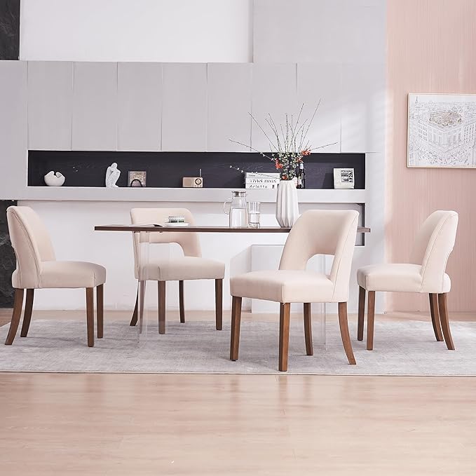 VKNOW Wooden Dining Chairs Set of 4, Modern Fabric Upholstered Dining Room Chair Kitchen Chairs, Farmhouse Dinner Chair for Kitchen Dining Room, Beige