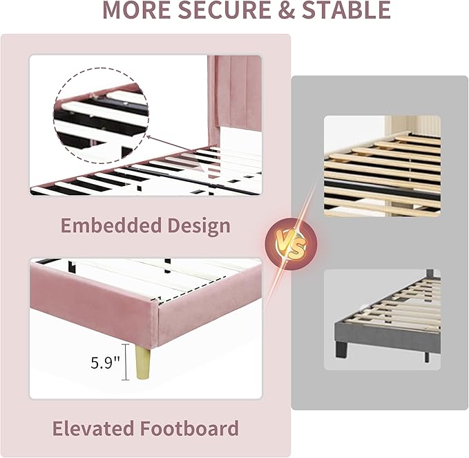 Queen Size Upholstered Platform Bed Frame with Modern Wingback & Vertical Panel Headboard, Velvet Fabric, Wooden Legs & Slats Support, No Box Spring Needed, Noise-Free & Easy Assembly, Pink