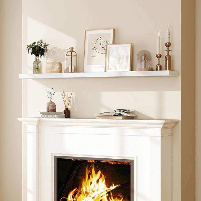 Fun Memories 66 Inch Fireplace Mantel Shelf with Invisible Bracket, 8 Inch Deep Floating Shelf for Living Room, Kitchen, Farmhouse, White (2-Pack)