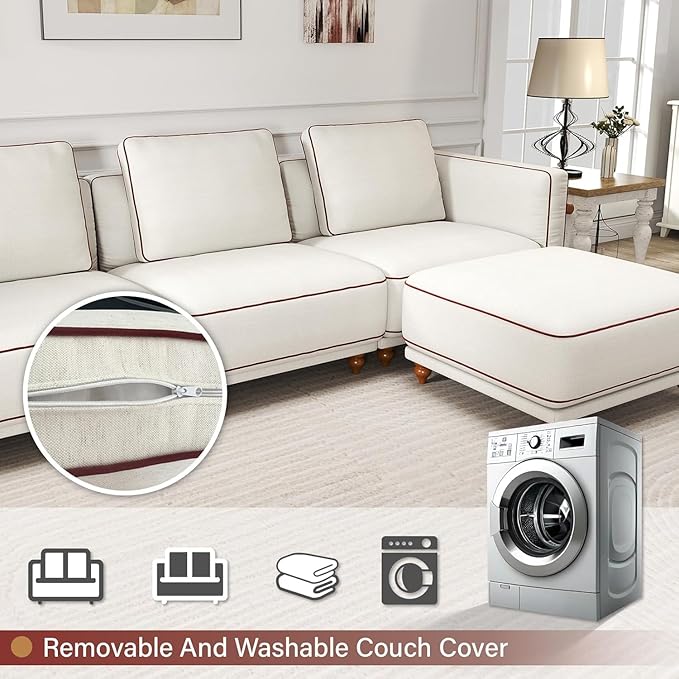 157.48" Modular Luxury Cloud Sectional Sofa with Ottoman, 70% Down-Filled Cushions, Removable Washable Ultra-Soft Linen Cover, Extra-Deep Seating, Solid Wood Armrests for Living Room