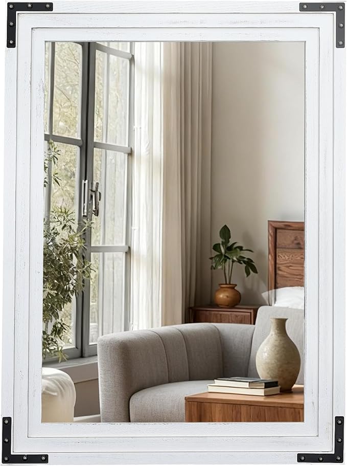 Full Length Mirror 40"x30" Solid Wood Frame Floor Standing Mirror, Hanging or Leaning Wall-Mounted for Living Room, Bedroom, Rustic White