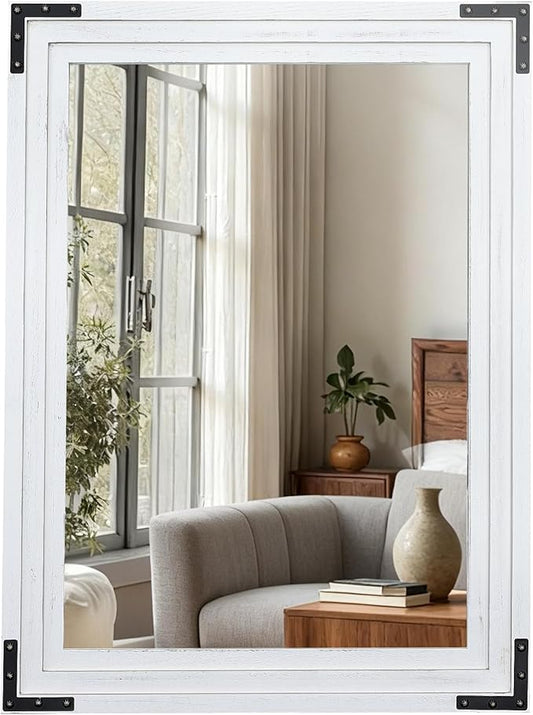 Full Length Mirror 40"x30" Solid Wood Frame Floor Standing Mirror, Hanging or Leaning Wall-Mounted for Living Room, Bedroom, Rustic White