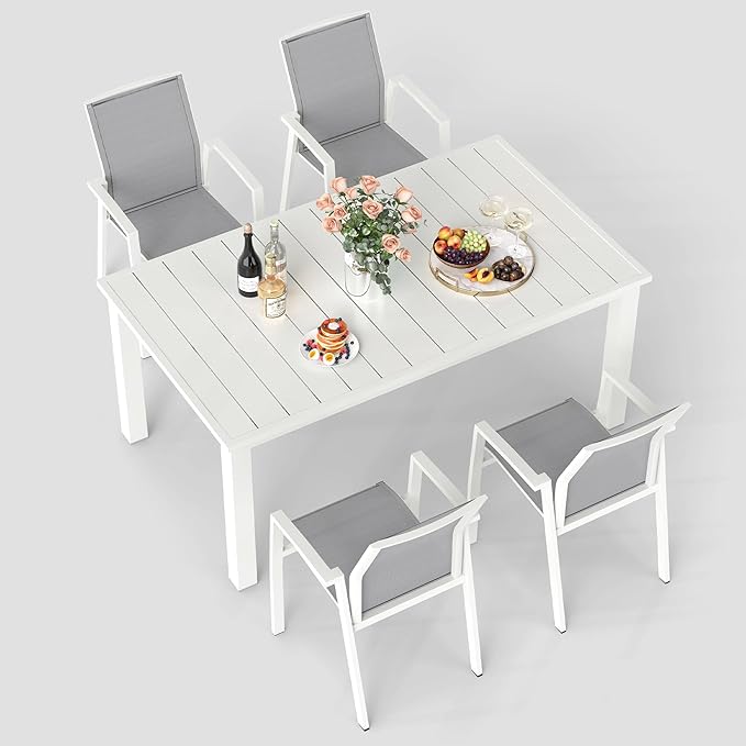 5 Piece Aluminum Outdoor Patio Dining Sets with Fully Assembled Dining Chair，91.3"L×39.4"W Expandable Patio Table and Chairs Set for 4, Stackable Chairs with Quick Drying Fabric, White
