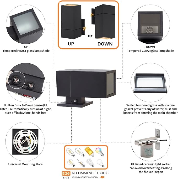 Dusk to Dawn Outdoor Wall Light, Exterior Light - ETL Listed, Aluminum Anti-Rust Waterproof Wall Mount Rectangular Design – Up or Down Photocell Outdoor Lighting for Porch, Garage or Patio