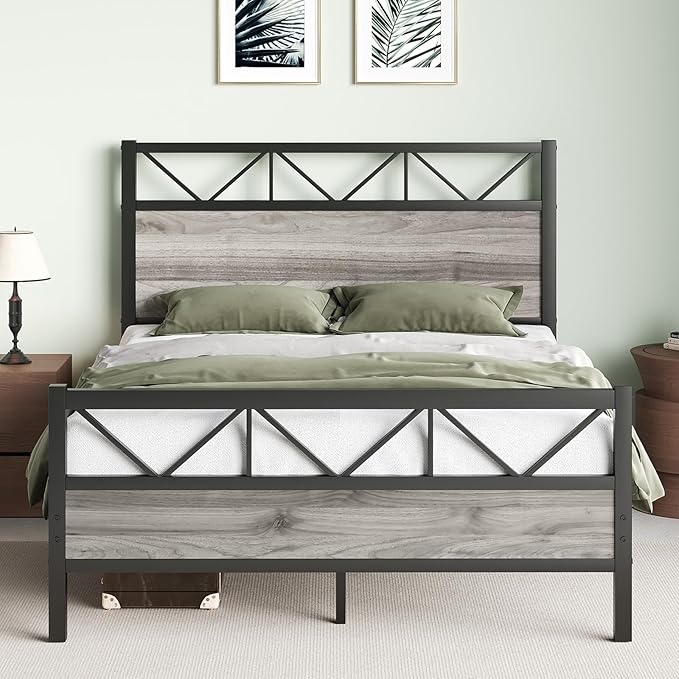 Queen Size Frame with 51.2" Tall Headboard, Platform Bed Frame with Metal Support, Solid and Stable, Noise Free, No Box Spring Needed, Wash Grey