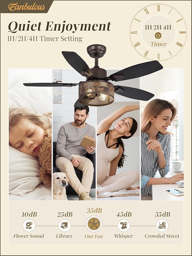 Farmhouse Oil Bronze Ceiling Fans with Lights and Remote, 42 Inch Bedroom Caged Ceiling Fans for Living Room Kitchen，6 Speed Reversible Quiet DC Motor, Dual Finish 5 Blades