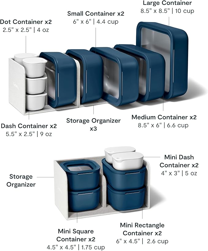 Caraway 22pc Glass Food Storage Set - Storage Containers for Food - Non-Toxic Ceramic-Coated Glass - Air Release Technology - Compact & Stackable Design - Navy