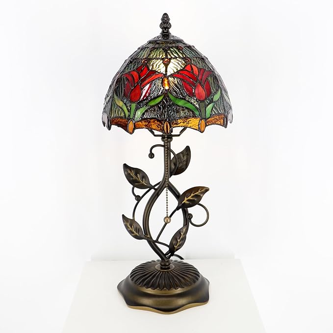 Small Tiffany Lamp Red Tulip Style Stained Glass Table Lamps Desk Bedside Reading Light 8X8X18 Inches with Bronze Metal Leaf Resin Base