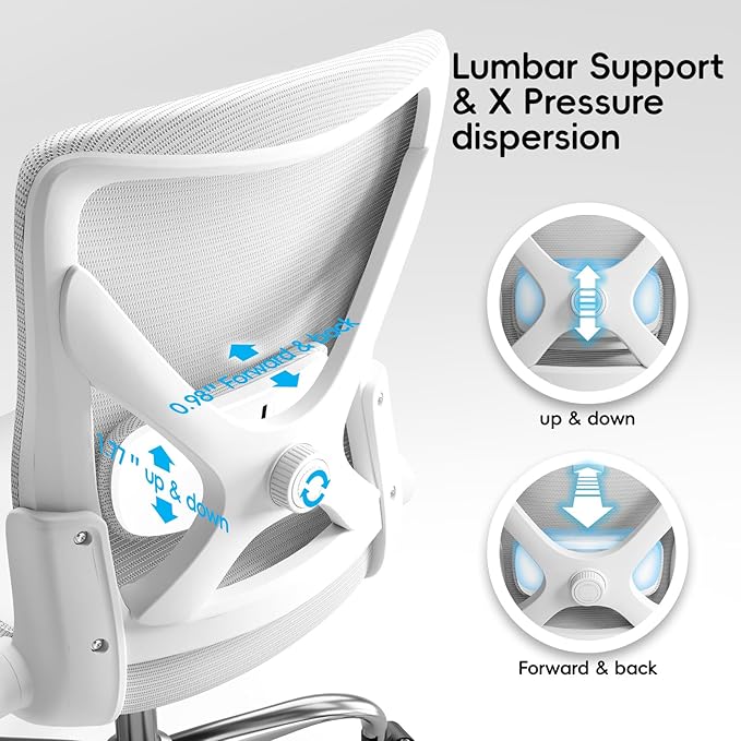 Office Home Ergonomic Desk Chair-Computer X-Shaped Chair Mesh PU Leather with Adjustable Lumbar Support-Executive Chair High Back Flip-Up Arms for Long Hours (White-No Headrest)